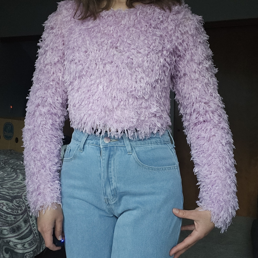 Zara Lilac Fuzzy Textured Long-Sleeve Crop Top
